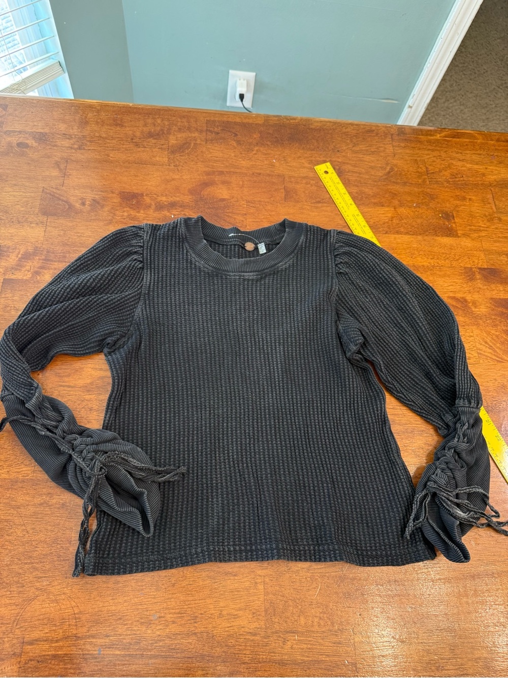 Free People FP One Tasha Thermal Top Waffle Knit Puff Sleeve Lace Up Gray S